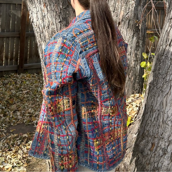 Y2K Embroidered Textured Maximalist Art To Wear Crop Jean Jacket SZ: X-L - Picture 14 of 14